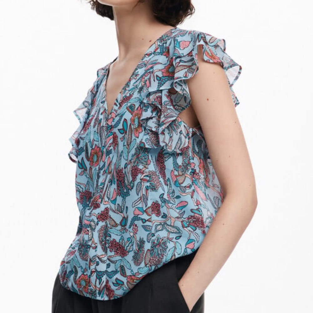Desigual Light Blue Floral Ruffle V-Neck Blouse